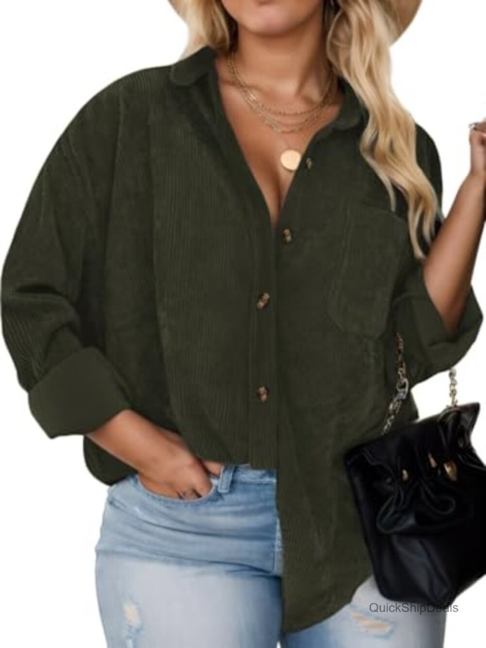 Plus Size Corduroy Shacket Women Button Down Long Sleeve Fall Outfit with